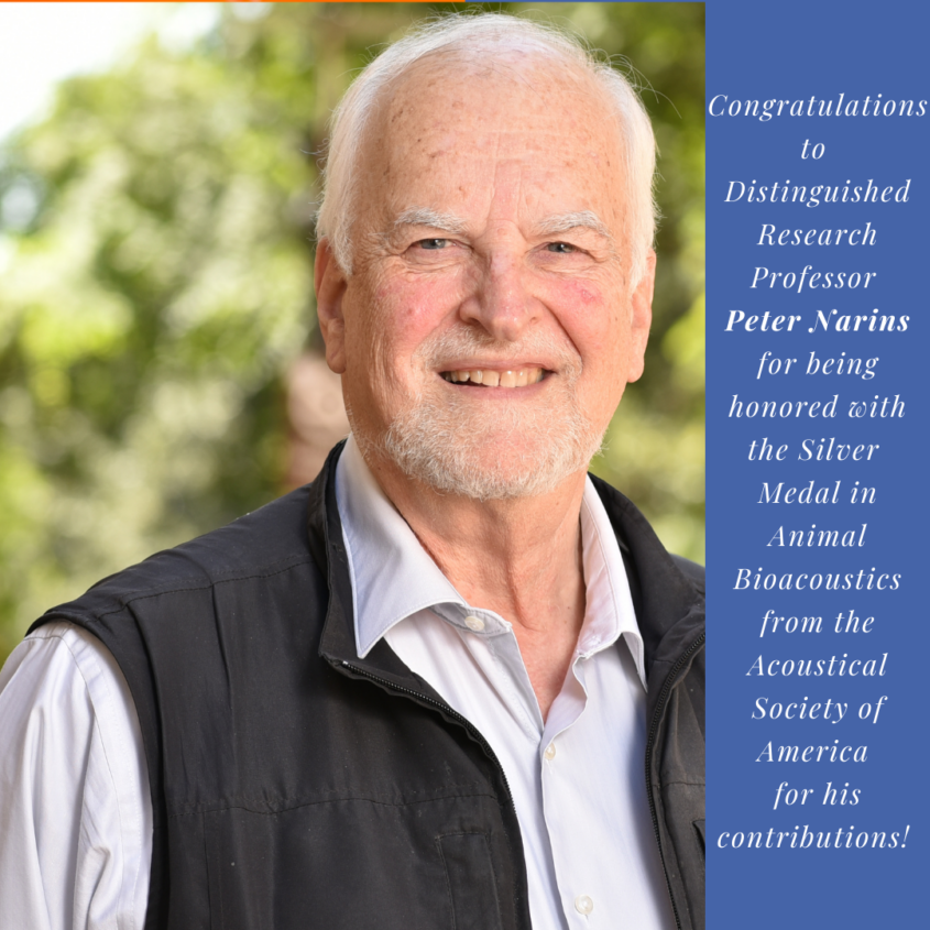 Congratulations to Distinguished Research Professor Peter Narins for being honored with the Silver Medal in Animal Bioacoustics from the Acoustical Society of America for his contributions! Congratulations to Distinguished Research Professor Peter Narins for being honored with the Silver Medal in Animal Bioacoustics from the Acoustical Society of America for his contributions!