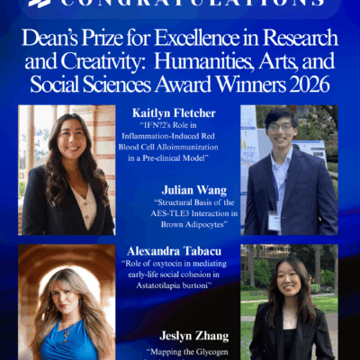 Congratulations to our Dean’s Prize for Excellence in Research and Creativity: Humanities, Arts, and Social Sciences Award Winners 2026 Congratulations to our Dean’s Prize for Excellence in Research and Creativity: Humanities, Arts, and Social Sciences Award Winners 2026
